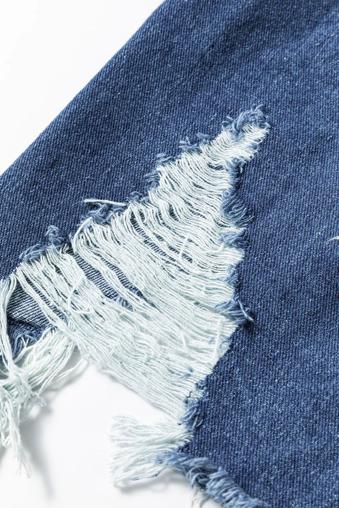 Sky Blue Light Wash Distressed Frayed Long Denim Jacket - Outerwear/Denim jackets