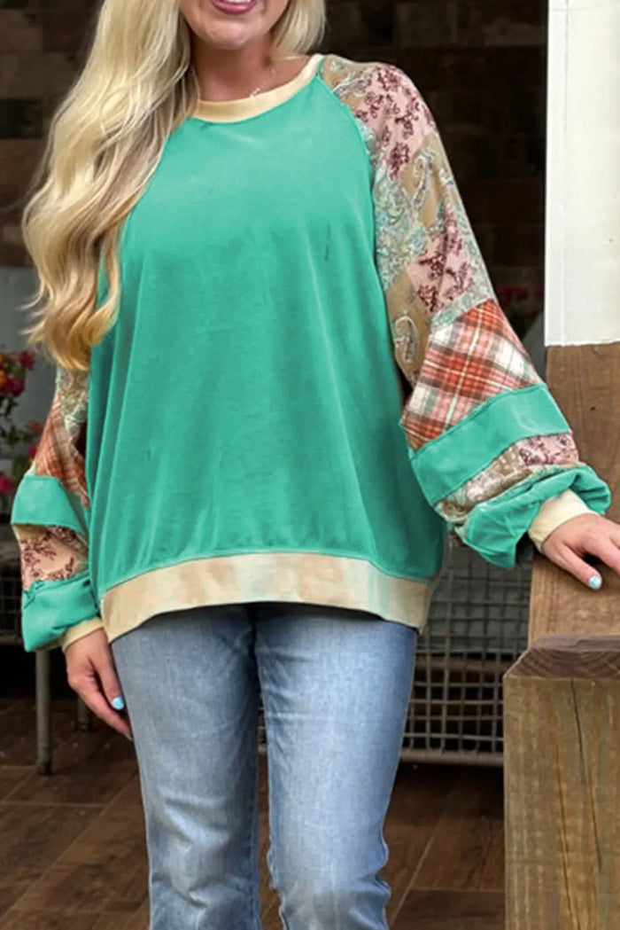 Sky Blue Plus Size Plaid Floral Patchwork Raglan Sleeve Sweatshirt - SKY BLUE / 1X / 70% POLYESTER + 30% COTTON
