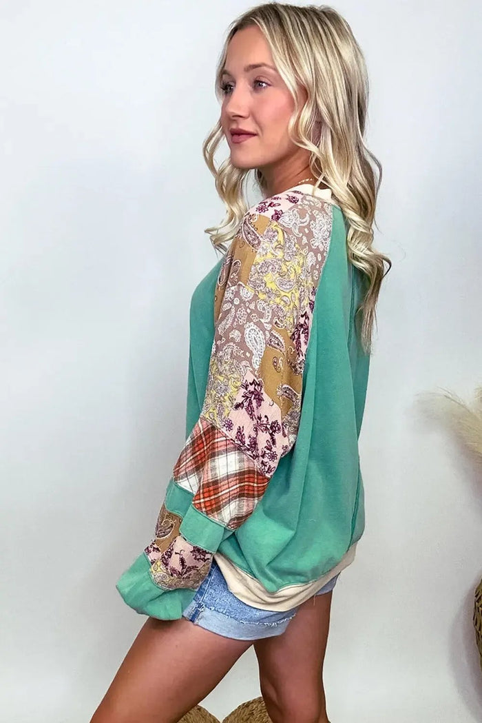 Sky Blue Plus Size Plaid Floral Patchwork Raglan Sleeve Sweatshirt - Size/Plus Sweatshirts & Hoodies