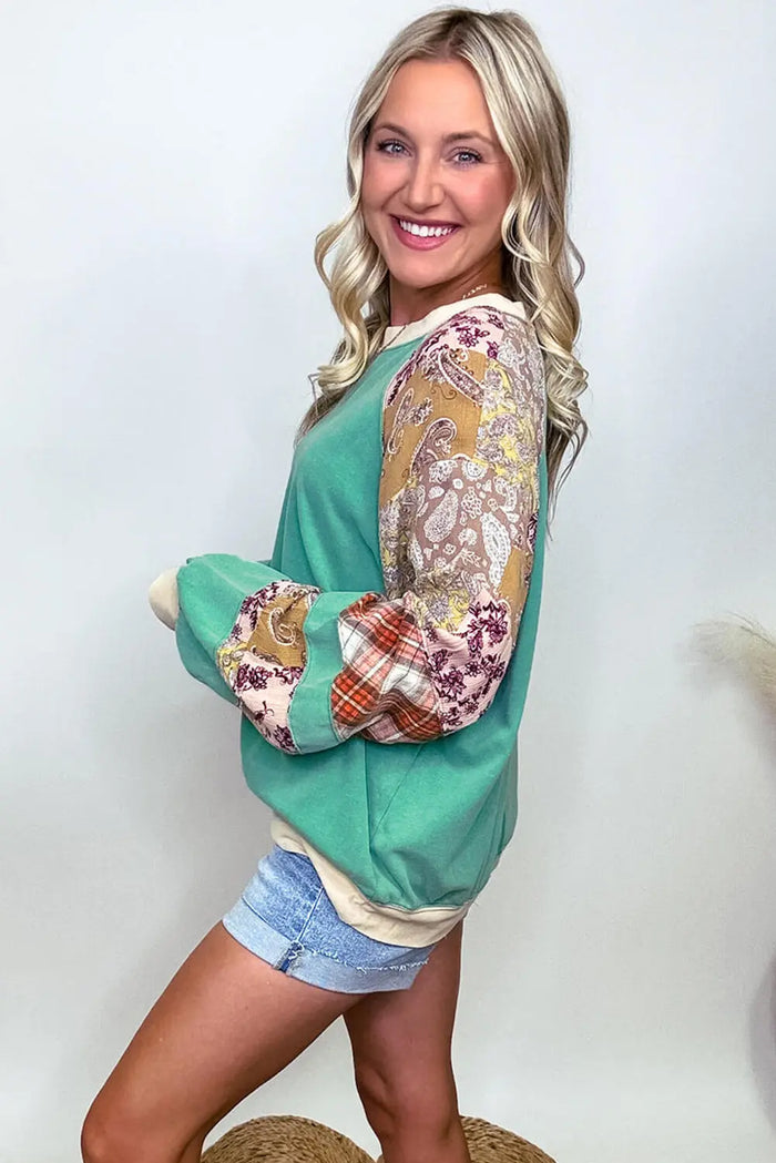 Sky Blue Plus Size Plaid Floral Patchwork Raglan Sleeve Sweatshirt - Size/Plus Sweatshirts & Hoodies
