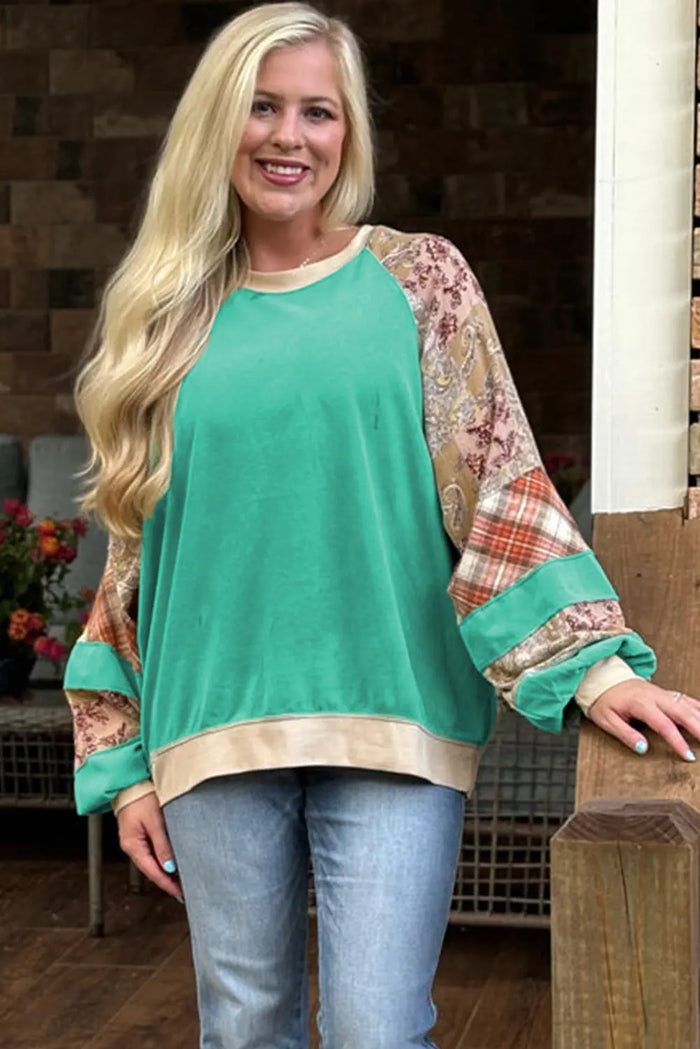 Sky Blue Plus Size Plaid Floral Patchwork Raglan Sleeve Sweatshirt - Size/Plus Sweatshirts & Hoodies