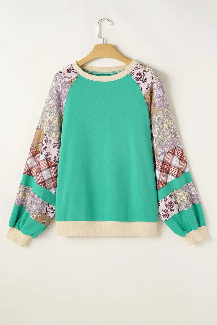 Sky Blue Plus Size Plaid Floral Patchwork Raglan Sleeve Sweatshirt - Size/Plus Sweatshirts & Hoodies