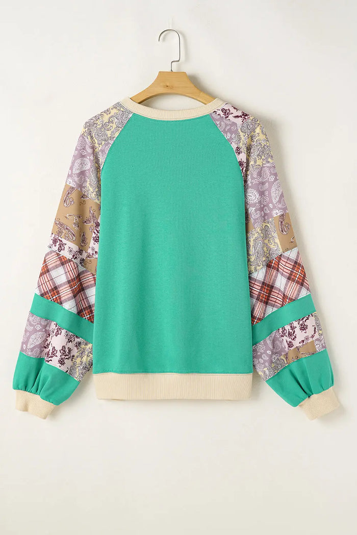 Sky Blue Plus Size Plaid Floral Patchwork Raglan Sleeve Sweatshirt - Size/Plus Sweatshirts & Hoodies