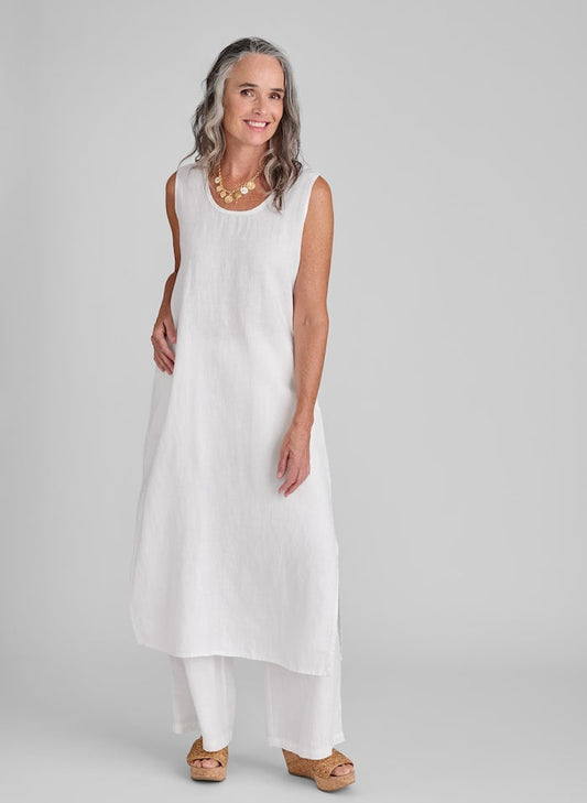 Slipster dress (White) layered over the Flowing Pant (White), size Small.  Model is 5'9" tall.  100% Linen.