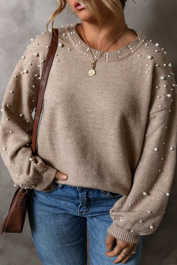 Smoke Grey Pearled Drop Shoulder Plus Size Sweater - SMOKE GRAY / 1X / 50% VISCOSE + 28% POLYESTER + 22% POLYAMIDE