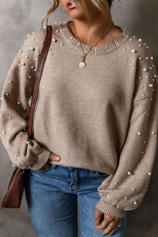 Smoke Grey Pearled Drop Shoulder Plus Size Sweater - SMOKE GRAY / 1X / 50% VISCOSE + 28% POLYESTER + 22% POLYAMIDE