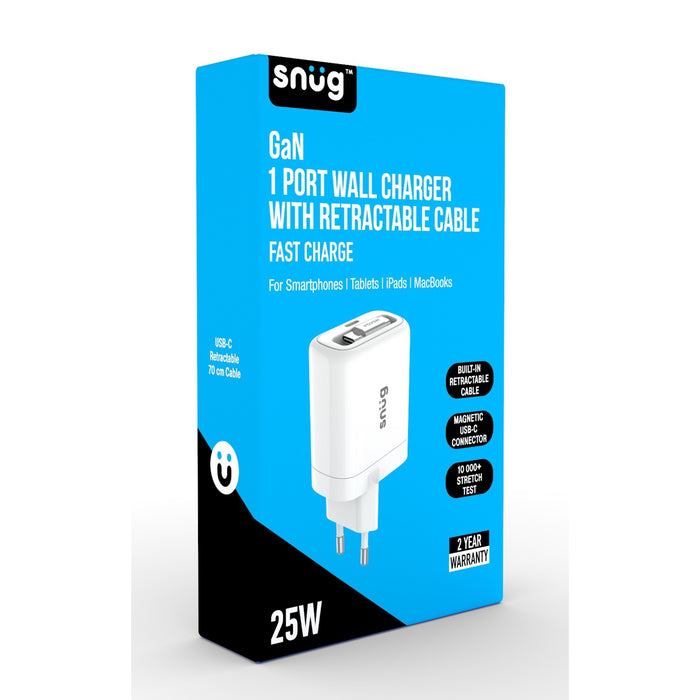 Snug 1 Port PD Charger With Retractable Cable - 25W - White (SNPW-1P25WRET-W)