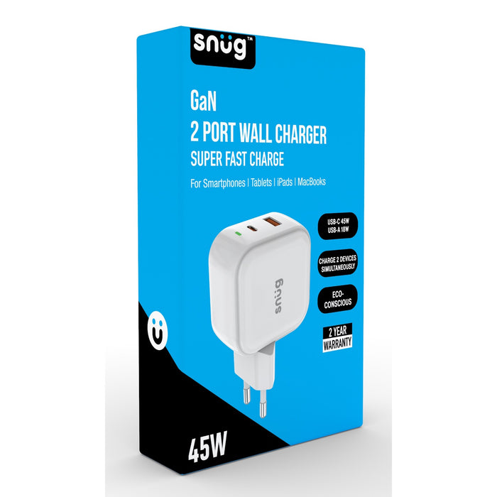 Snug 2 Port USB/Type C Wall Charger 45W - White (SNP-TR-45BUC-W)