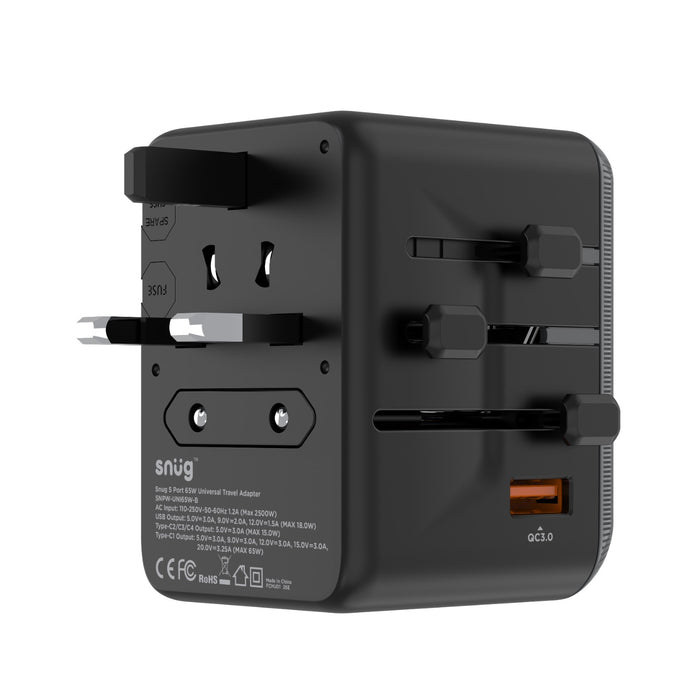SNUG 5 Port Universal Travel Adapter - 65W - Black (SNPW-UNI65W-B)