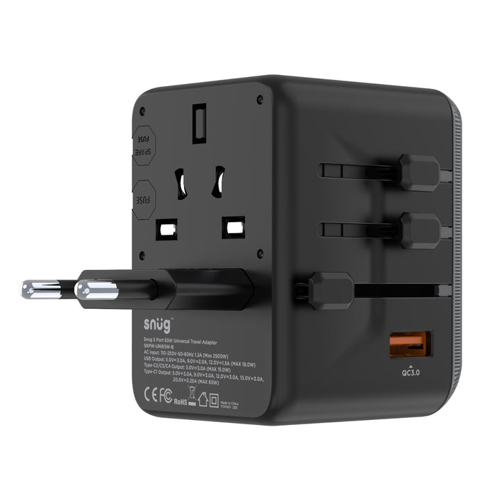 SNUG 5 Port Universal Travel Adapter - 65W - Black (SNPW-UNI65W-B)