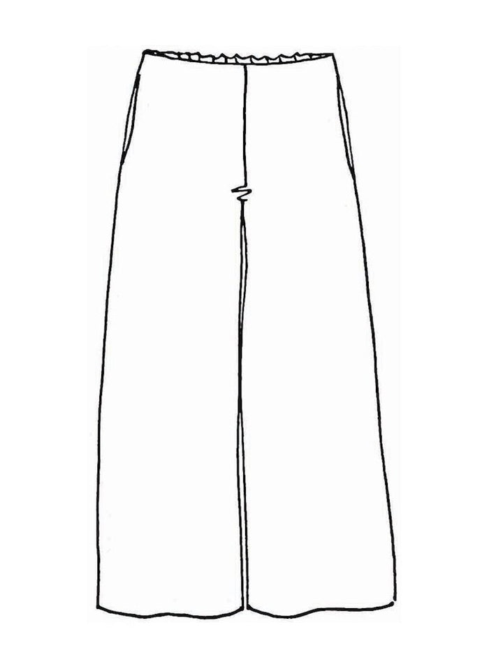 Sociable Floods, detailed sketch shown.  Flat front with elastic waist in the back.  2 side seam pockets, wide pant legs.  100% European Linen, Preshrunk, Machine Washable.