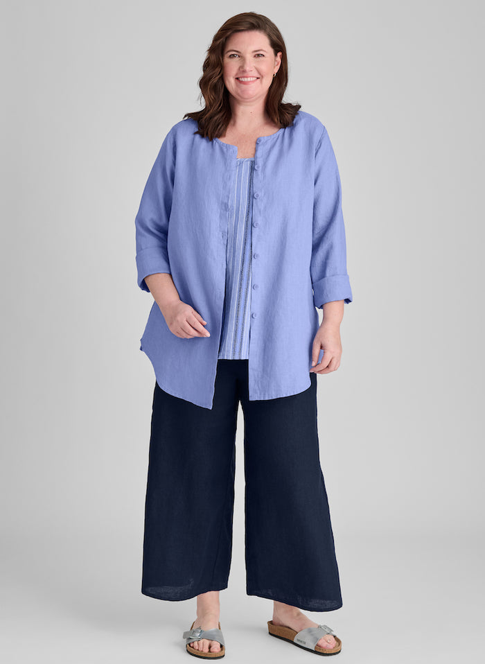 Gotcha Blouse (Periwinkle) + Carefree Pant (Midnight), size Medium.  100% European Linen.