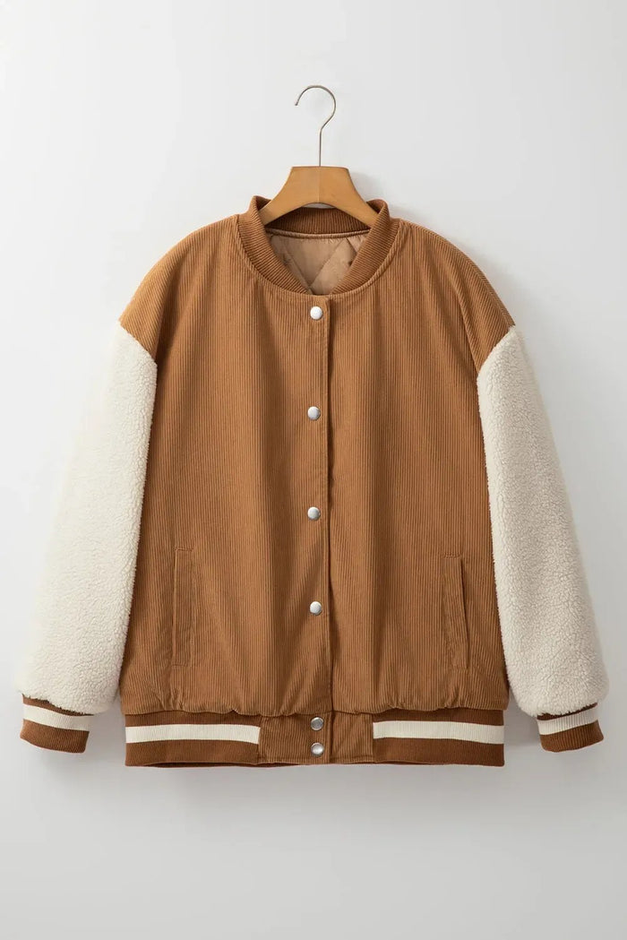 Soft Corduroy Fleece Patchwork Buttoned Bomber Jacket - Outerwear/Jackets
