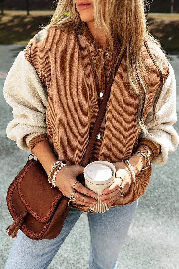 Soft Corduroy Fleece Patchwork Buttoned Bomber Jacket - BUCKSKIN / S - Outerwear/Jackets