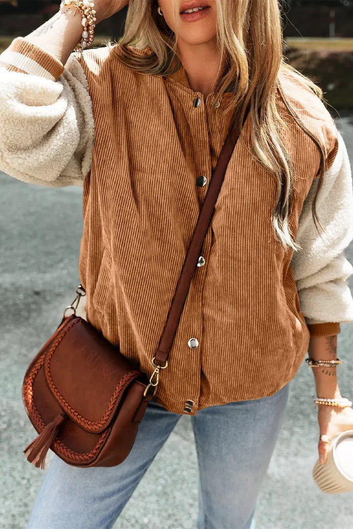 Soft Corduroy Fleece Patchwork Buttoned Bomber Jacket - Outerwear/Jackets