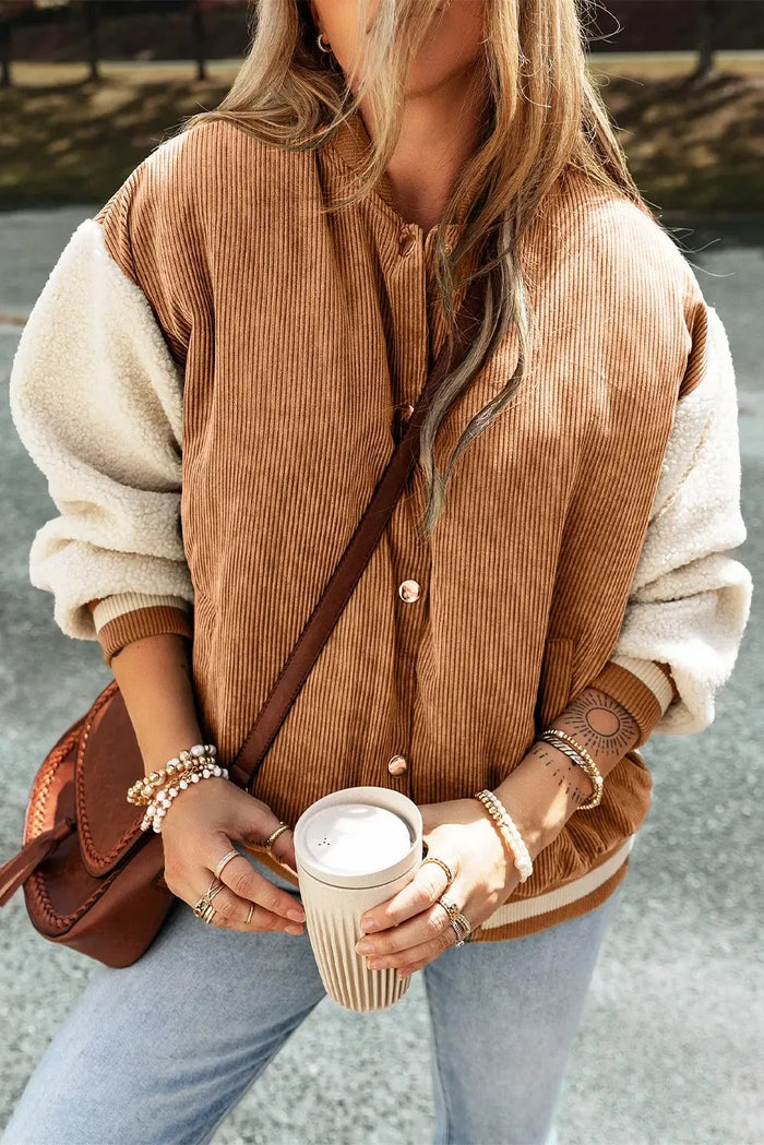 Soft Corduroy Fleece Patchwork Buttoned Bomber Jacket - Outerwear/Jackets