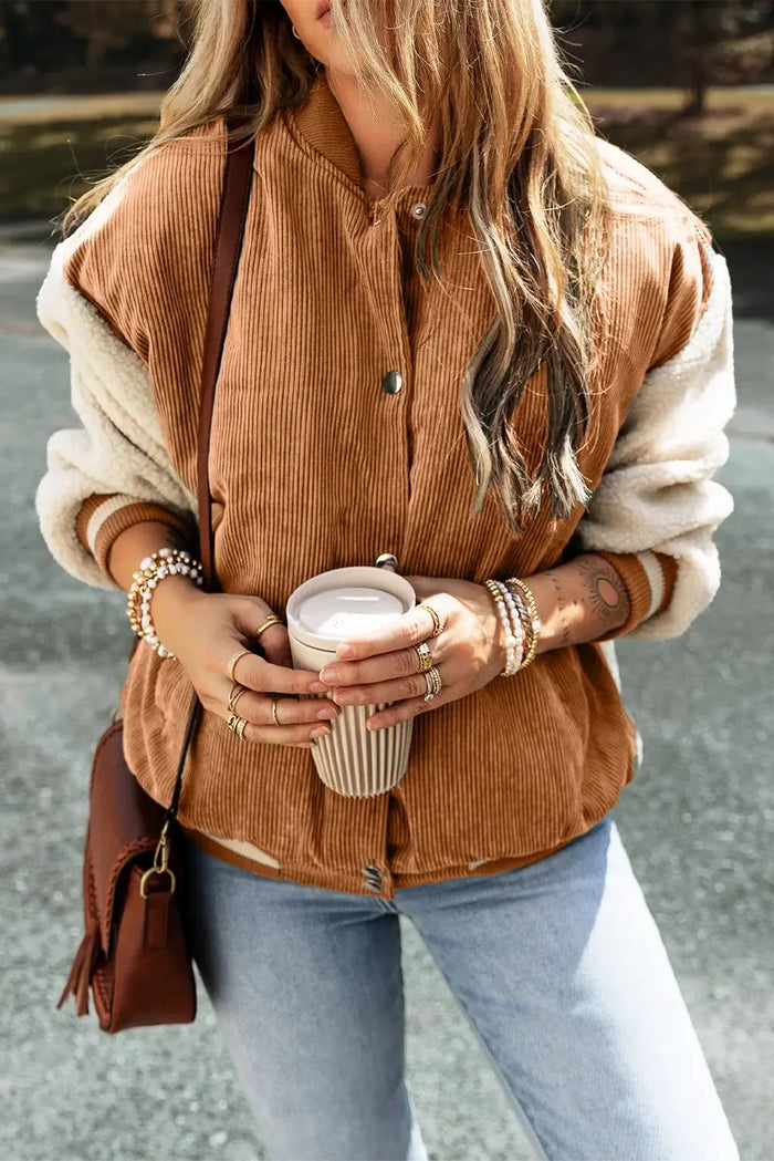 Soft Corduroy Fleece Patchwork Buttoned Bomber Jacket - Outerwear/Jackets
