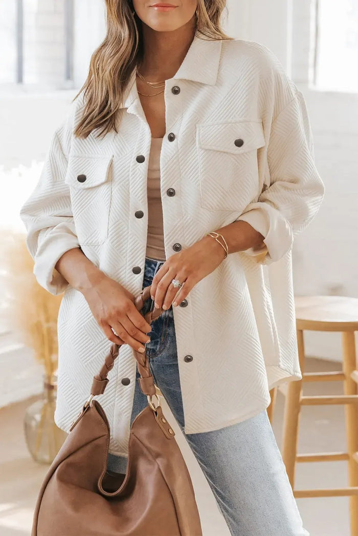 Solid Textured Flap Pocket Buttoned Shacket - BEIGE / S / 95% POLYESTER + 5% ELASTANE - Outerwear/Jackets