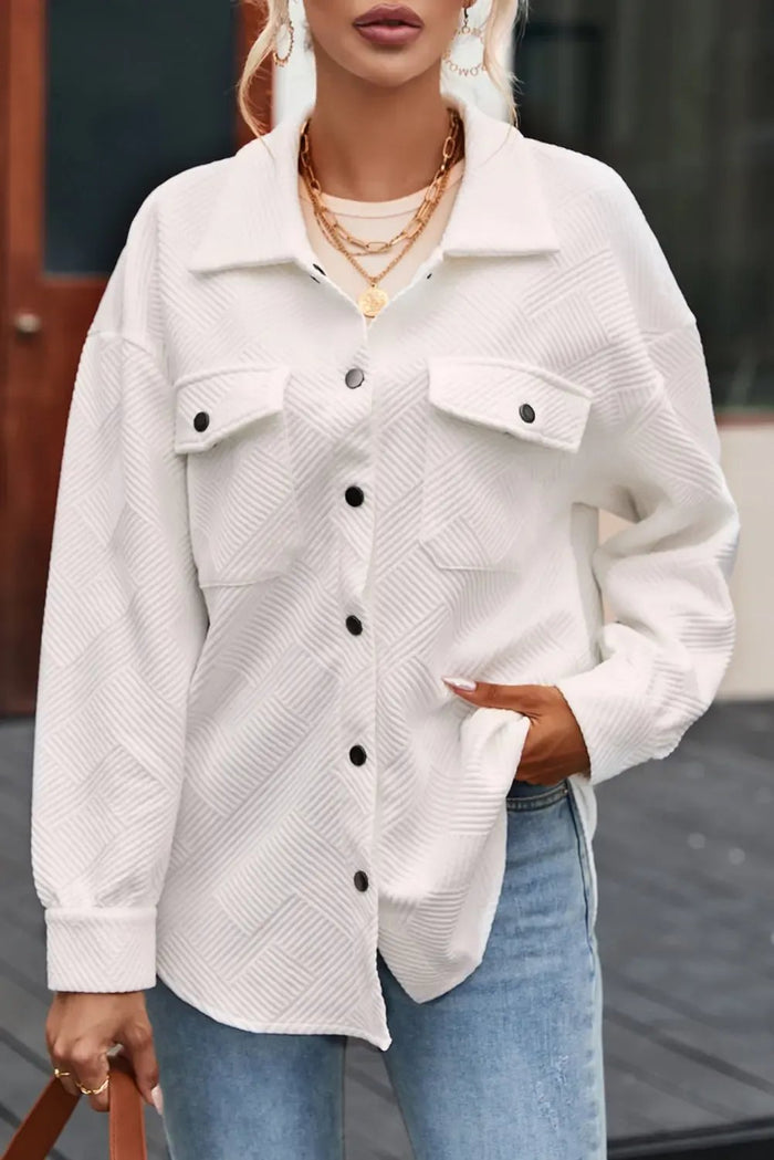 Solid Textured Flap Pocket Buttoned Shacket - Outerwear/Jackets