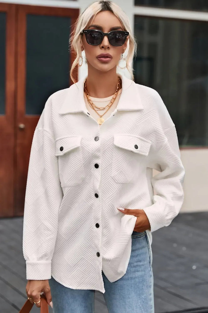 Solid Textured Flap Pocket Buttoned Shacket - Outerwear/Jackets