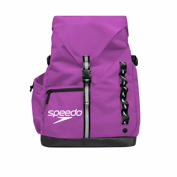 Purple Speedo 45L Pro Backpack with multiple compartments, adjustable straps, and water-resistant material for swim and gym gear.