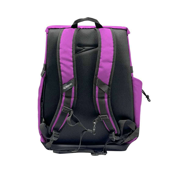 Purple Speedo 45L Pro backpack with multiple compartments and sturdy straps, designed for sports and travel use.