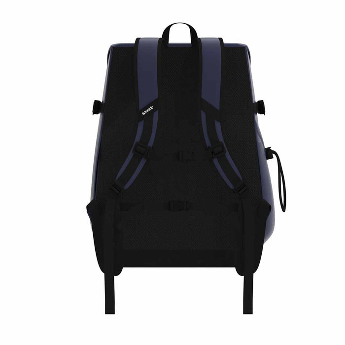 Speedo navy 45L Pro backpack with multiple compartments and padded straps for swimming gear storage.