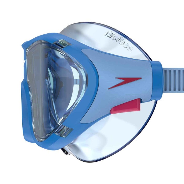 Speedo Biofuse 2.0 Junior Goggles in Lagoon Blue and Celeste, with clear lenses and adjustable straps for a comfortable fit.