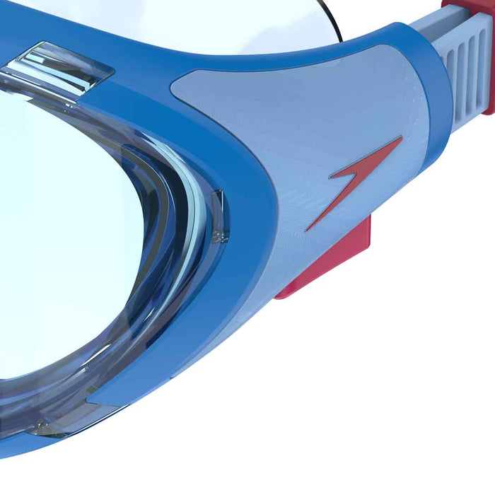 Speedo Biofuse 2.0 Junior Swim Goggles in Lagoon Blue and Celeste with adjustable straps and clear lenses.