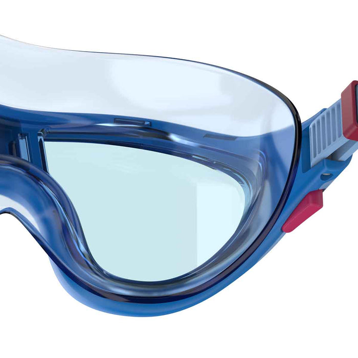 Speedo Biofuse 2.0 Junior goggles in lagoon blue and celeste, with clear lenses and adjustable strap for kids' swimming.