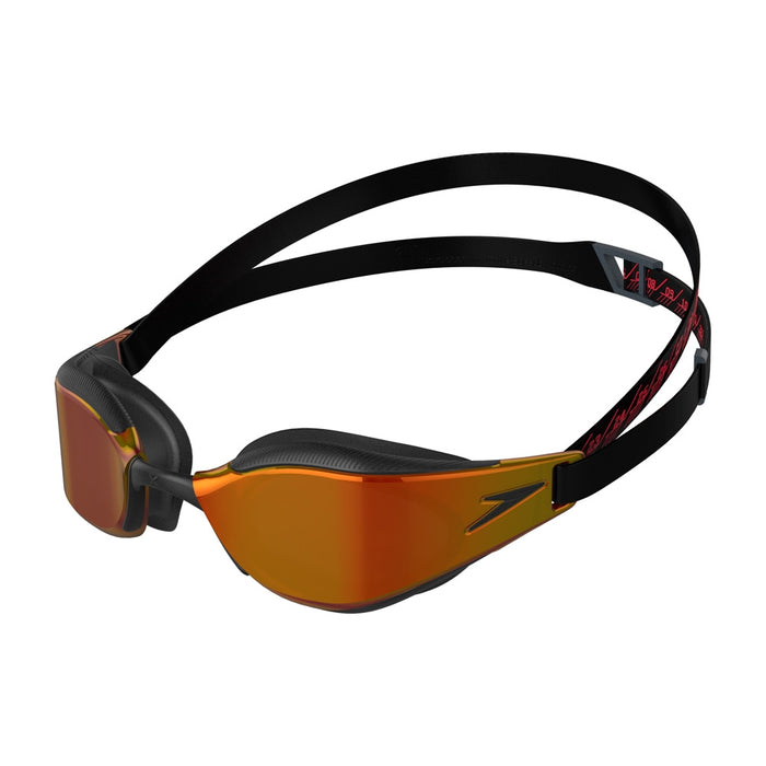 Speedo Fastskin Hyper Elite Mirror Goggles in black and copper with reflective lenses for competitive swimming.