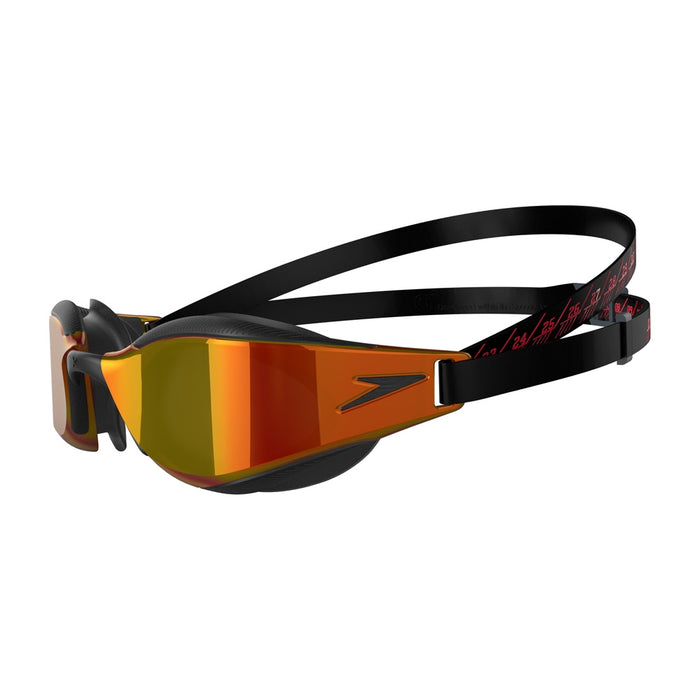 Speedo Fastskin Hyper Elite Mirror Goggles in black and copper with reflective lenses, designed for competitive swimming.