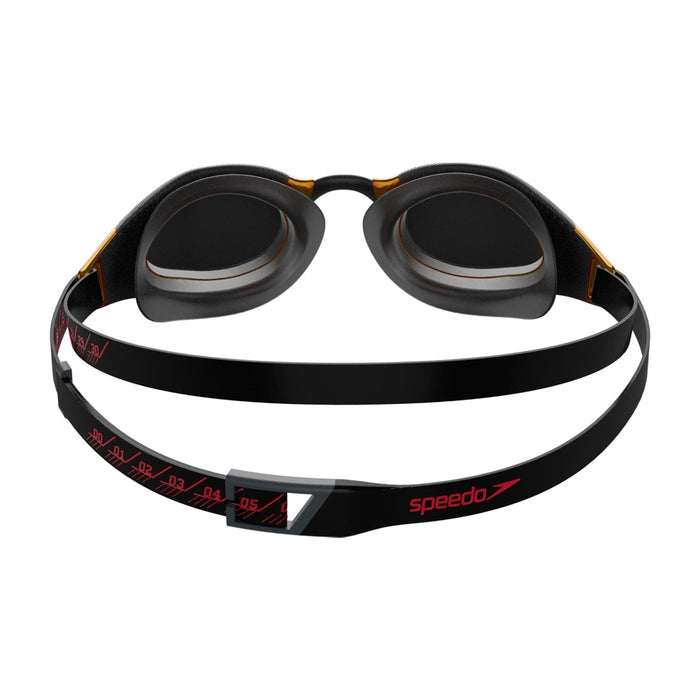 Speedo Fastskin Hyper Elite mirror goggles in black and copper with reflective lenses, designed for competitive swimming.