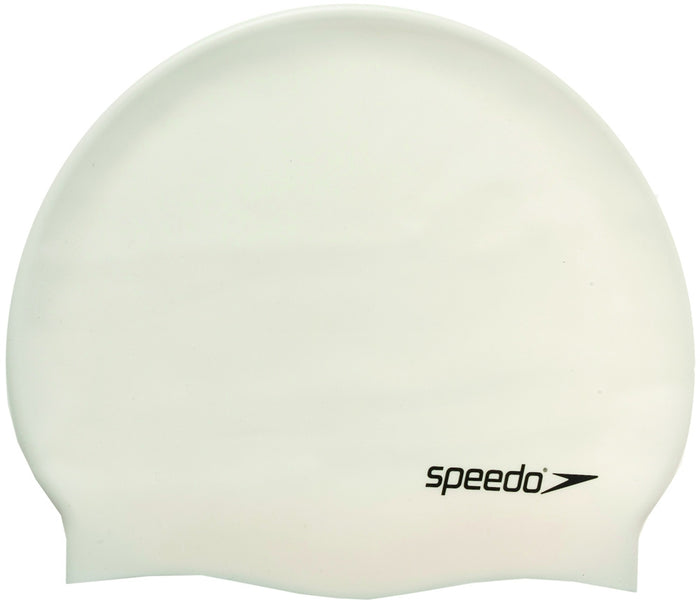 White Speedo flat silicone swimming cap for men and women, featuring a smooth, snug fit for comfortable swimming.