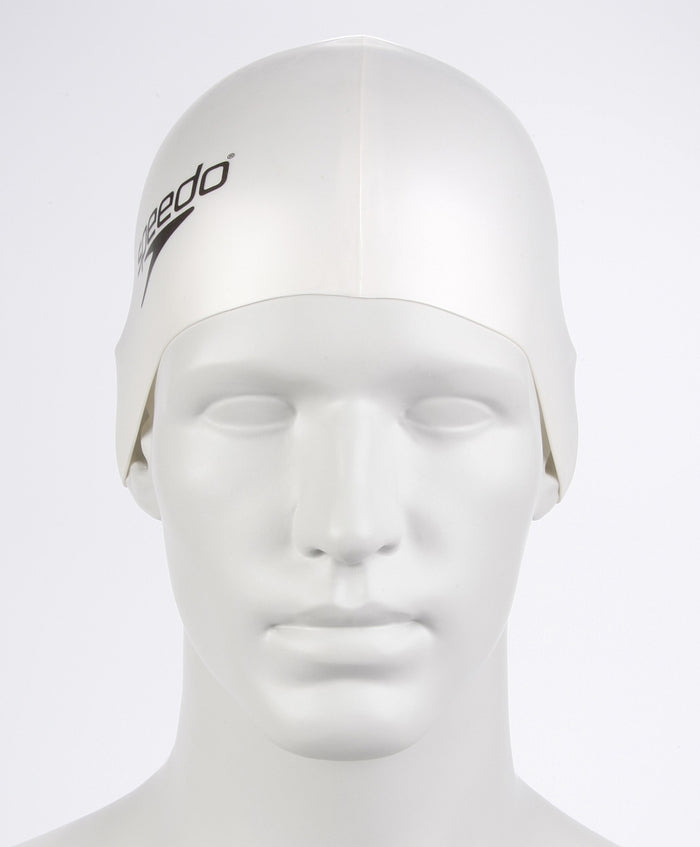 White Speedo flat silicone swimming cap for men and women, designed for comfort and performance during swim sessions.
