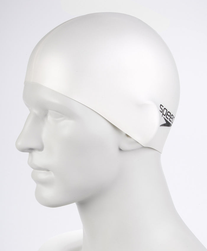 White Speedo flat silicone swimming cap for women, ideal for comfortable and streamlined swim performance.