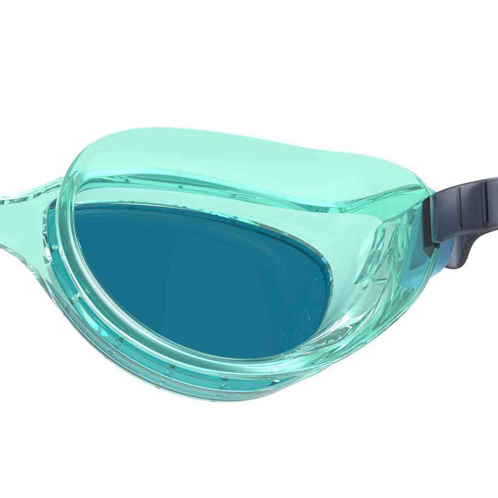 Green Speedo Futura Hydrospex goggles with adjustable strap and clear lenses for comfortable swimming.