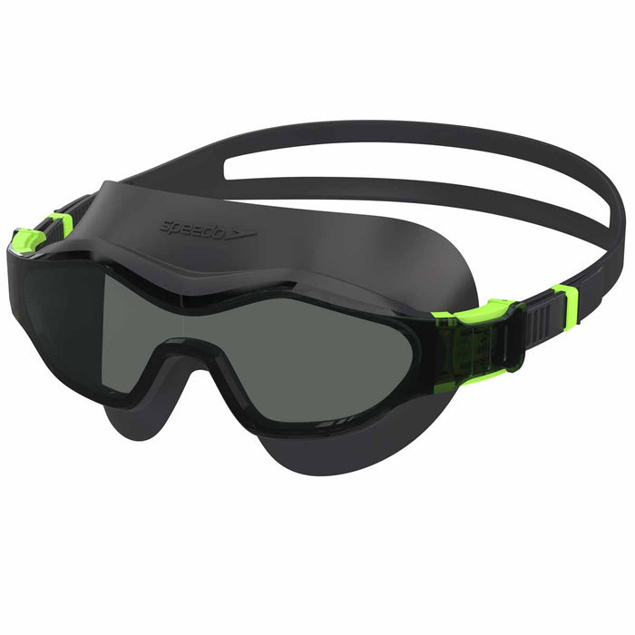 Black Speedo Hydrosity swim goggles with adjustable straps and clear lenses for comfortable underwater swimming.