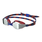 Speedo Hyper Flyer Junior goggles in navy, red, and silver with mirror lenses, designed for young swimmers.