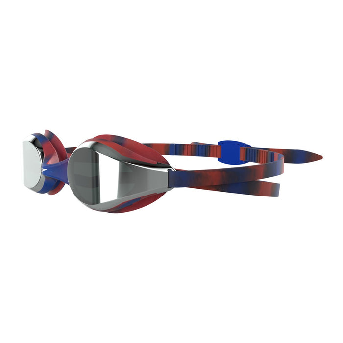 Speedo Hyper Flyer Mirror Junior goggles in navy, red, and silver with mirrored lenses for swimming.