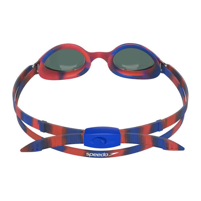 Junior Speedo Hyper Flyer Mirror goggles in navy, red, and silver with reflective lenses for swimming.