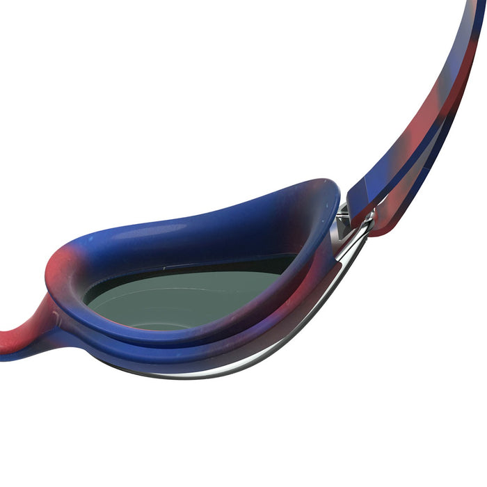 Speedo Hyper Flyer Mirror Junior goggles in navy, red, and silver with reflective lenses, designed for young swimmers.