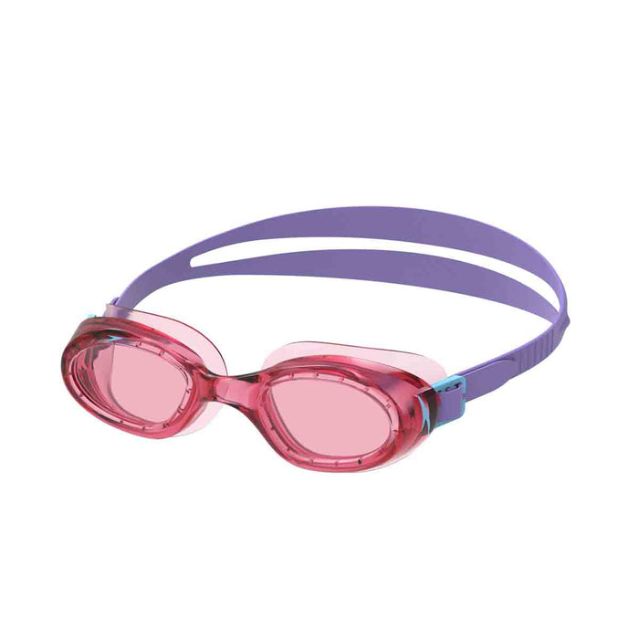 Pink Speedo Junior Futura Hydrospex swimming goggles with adjustable straps and clear lenses for kids.