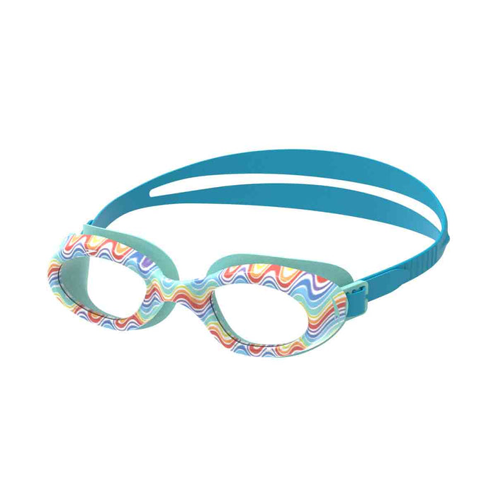 Speedo Junior Futura Hydrospex printed blue swimming goggles for kids, featuring adjustable straps and clear lenses.