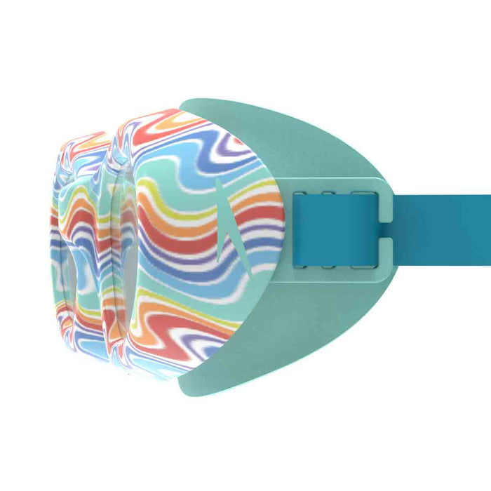 Speedo Junior Futura Hydrospex printed swim goggles in blue, designed for kids, with adjustable straps and clear lenses.
