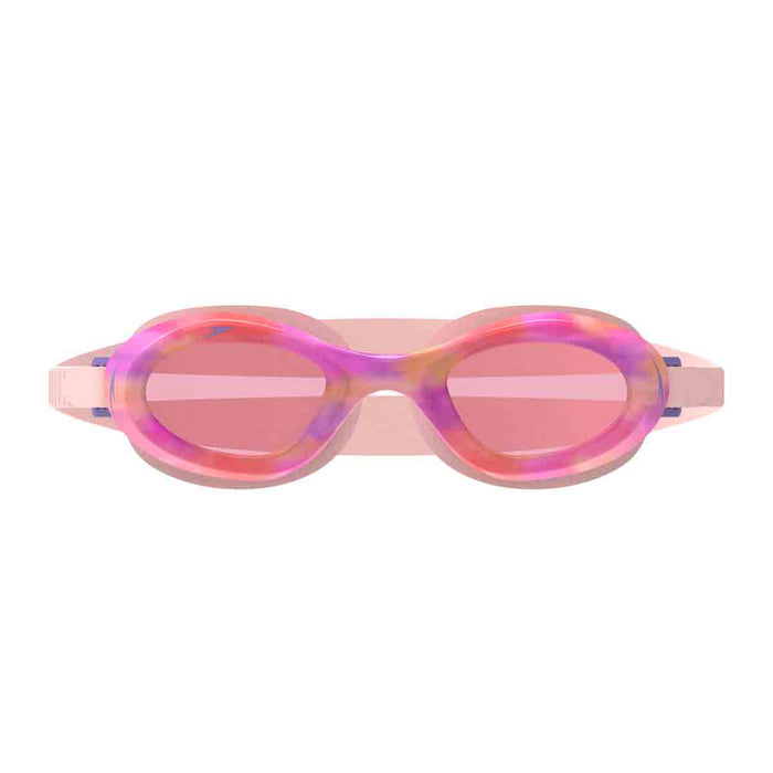 Pink Speedo Junior Futura Hydrospex printed goggles with adjustable strap and clear lenses for kids' swimming.