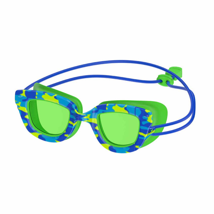 Speedo kids' Sunny G Pop Seasiders print goggles in blue camo and jello green, designed for young swimmers.