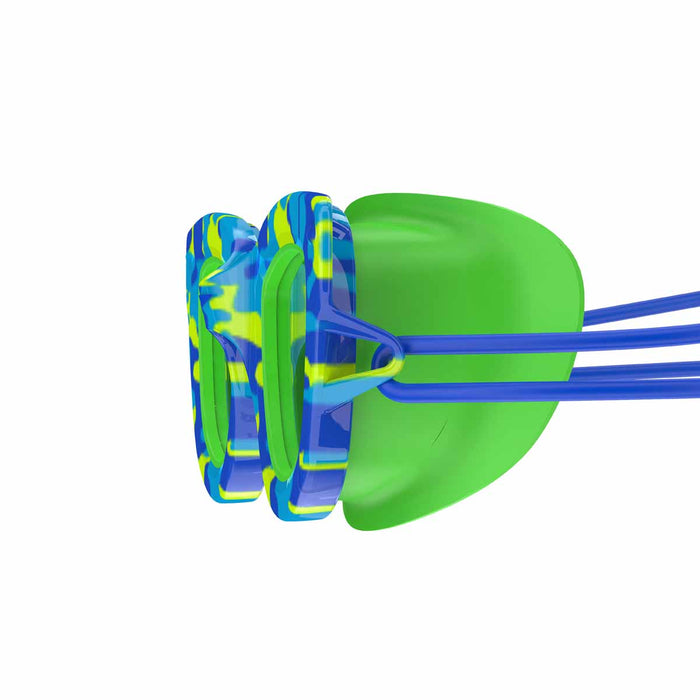 Speedo kids Sunny G Pop Seasiders print goggles with blue camo and jello green accents, designed for young swimmers.