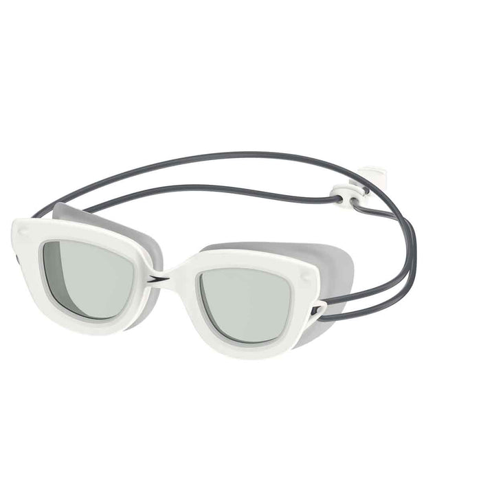 Speedo Kids Sunny G Seasiders swim goggles in white and grey with adjustable straps and clear lenses for young swimmers.