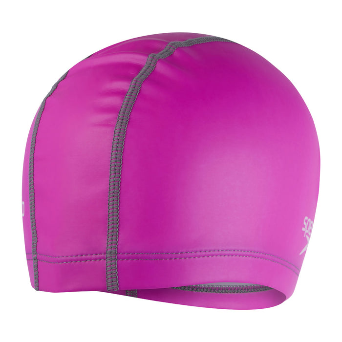 Speedo long hair pace swimming cap in purple, made for swimmers with long hair, snug fit and durable silicone construction.